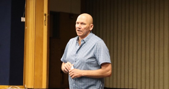 Tim Buettner was introduced in front of the girls basketball team on Wednesday morning at GICC. 