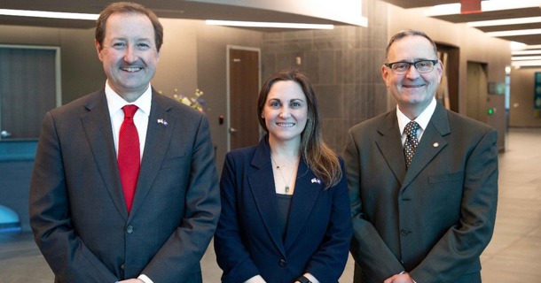 From left, Chris Kratochvil, MD, vice chancellor of external relations for UNMC, Lauren Sauer, PhD, associate professor in the UNMC College of Public Health and associate director of research at the Global Center for Health Security, and Col. Lee Williames (USAF, Ret.), MD, inaugural director of the Office for the Advancement of Military Medicine. (Rich Watson/UNMC)   