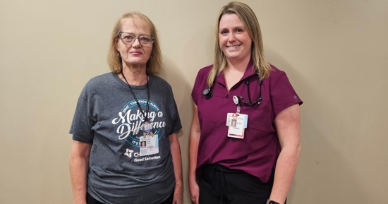 Following her same-day implantation procedure, first patient Janet Fletcher smiles alongside care provider Kirby Knuth, APRN, during a clinic follow-up visit at the CHI Health Clinic Heart Institute. Fletcher, who has already returned to her role as a clerk in the hospital’s Diagnostic Imaging department, noted that the process was quick, easy and provides invaluable peace of mind.