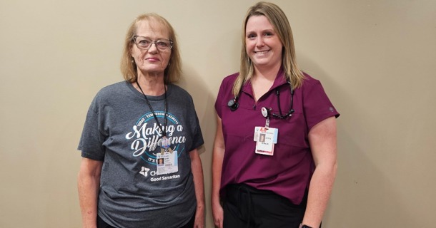 Following her same-day implantation procedure, first patient Janet Fletcher smiles alongside care provider Kirby Knuth, APRN, during a clinic follow-up visit at the CHI Health Clinic Heart Institute. Fletcher, who has already returned to her role as a clerk in the hospital’s Diagnostic Imaging department, noted that the process was quick, easy and provides invaluable peace of mind.